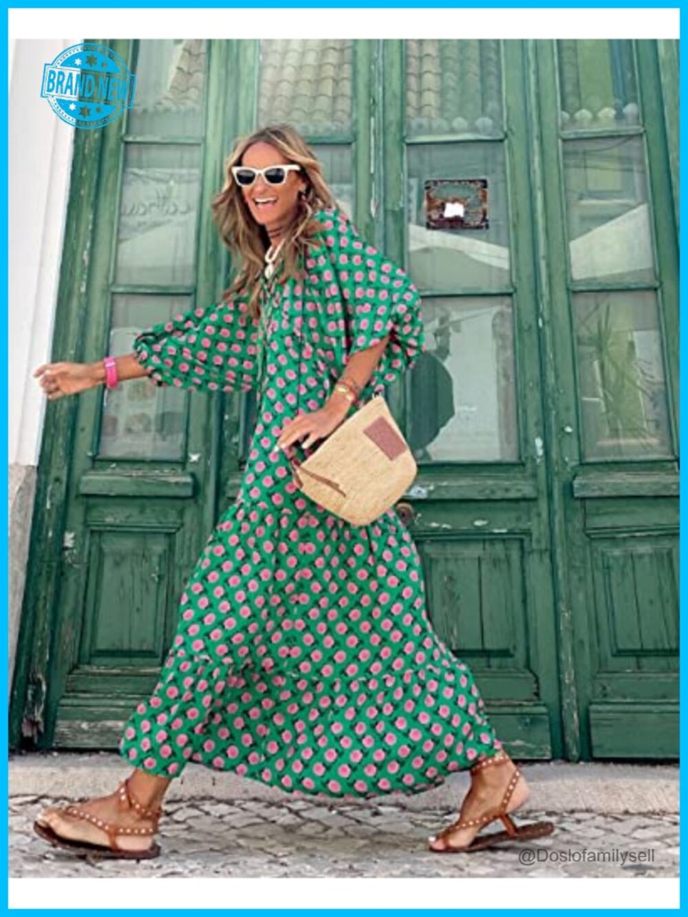 Women's Bohemian V-Neck Half Sleeve Maxi Dress Loose Fit Flowy Ankle Length - Picture 2 of 7